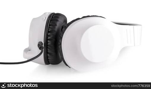 White headphones with a microphone isolated on white background