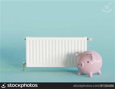 White heating radiator and piggy bank on blue background. Central heating system. Free, copy space for your text, advertising. Heating is getting more expensive. Energy crisis. 3D rendering. White heating radiator and piggy bank on blue background. Central heating system. Free, copy space for your text, advertising. Heating is getting more expensive. Energy crisis. 3D rendering.