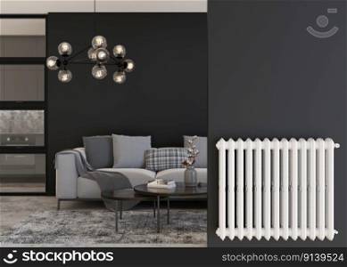 White heating radiator on black wall in modern room. Home interior. Central heating system. Heating is getting more expensive. Energy crisis. 3D rendering. White heating radiator on black wall in modern room. Home interior. Central heating system. Heating is getting more expensive. Energy crisis. 3D rendering.