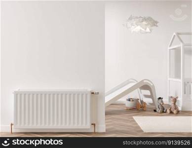 White heating radiator on white wall in modern room. Home interior. Central heating system. Heating is getting more expensive. Energy crisis. 3D rendering. White heating radiator on white wall in modern room. Home interior. Central heating system. Heating is getting more expensive. Energy crisis. 3D rendering.
