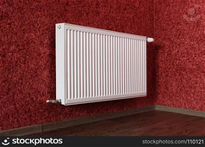 white heating radiator under in red room