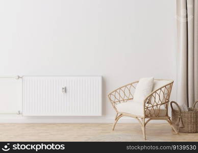 White heating radiator with thermostat on white wall in modern room. Central heating system. Free, copy space for your text. 3D rendering. White heating radiator with thermostat on white wall in modern room. Central heating system. Free, copy space for your text. 3D rendering.