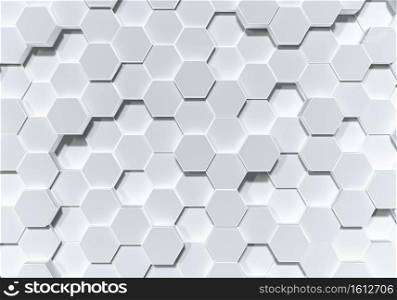 White hexagon honeycomb shape moving up down randomly. Abstract modern design background concept. Top view. 3D illustration rendering