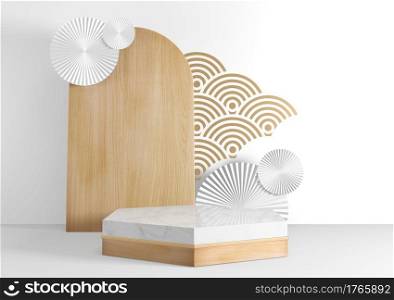 white hexagon podium wooden design on white background minimal design. 3D rendering