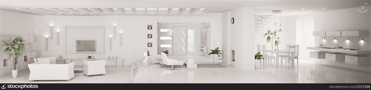 White home interior of modern apartment living room kitchen hall panorama 3d render