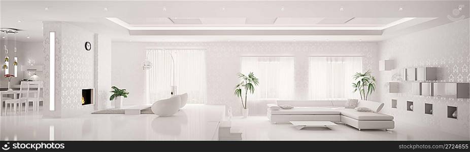 White home interior of modern apartment living room kitchen panorama 3d render