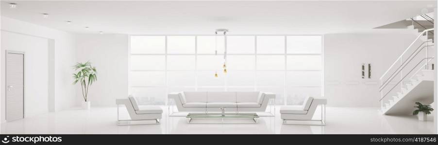 White home interior of modern apartment living room panorama 3d render