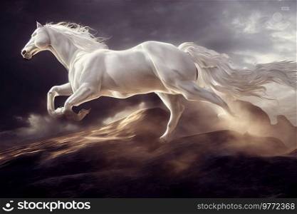 White horse galloping over dark background. White horse galloping