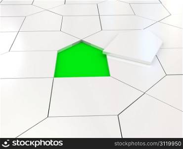 White house puzzle over green. 3d rendered image