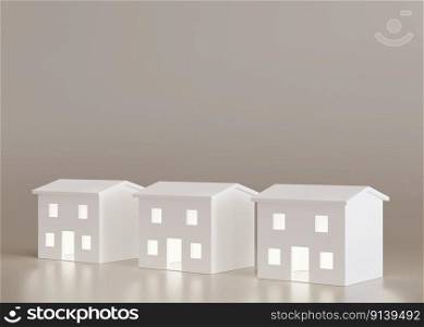 White houses on beige background. Buy or sell a house. Concept for new property, mortgage and real estate investment. Homes for sale. Copy space for your text or logo, modern layout. 3d rendering. White houses on beige background. Buy or sell a house. Concept for new property, mortgage and real estate investment. Homes for sale. Copy space for your text or logo, modern layout. 3d rendering.