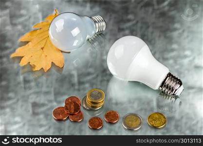 white innovation energy-saving LED bulb, glow-lamp and coins on silvery background