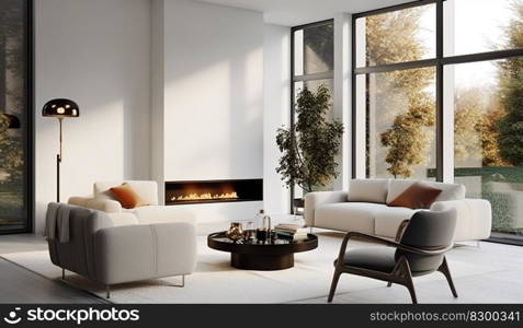 white interior design. Modern design furniture, comfortable sofa and table. AI generative