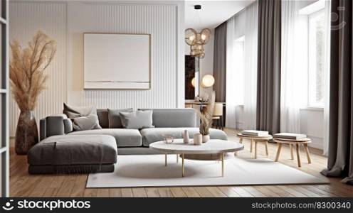White interior design with a gray sofa. Modern design furniture, comfortable sofa and table. AI generative