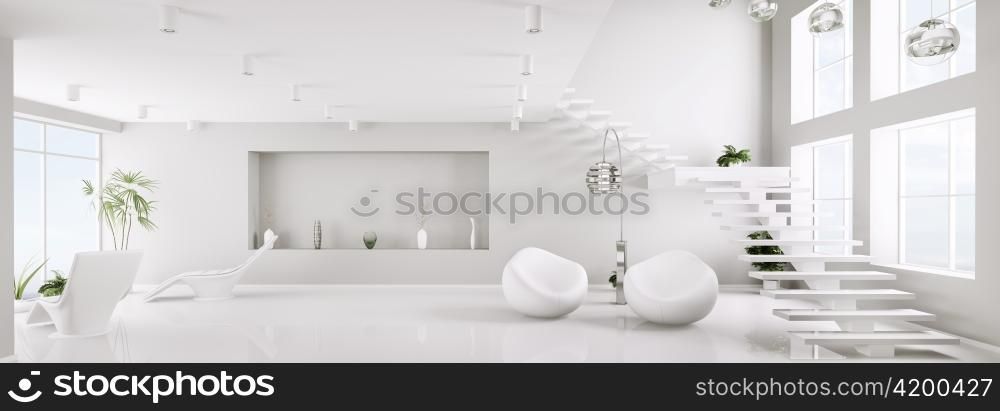 White interior of modern apartment living room panorama 3d render