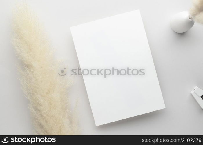 White invitation card mockup with a pampas grass on grey background, Minimal grey workplace composition, flat lay, mockup