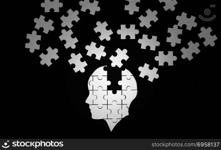 White jigsaw puzzle as a human brain on black. Concept for Alzhe. White jigsaw puzzle as a human brain on black. Concept for Alzheimer&rsquo;s disease. 3d illustration. White jigsaw puzzle as a human brain on black. Concept for Alzheimer&rsquo;s disease. 3d illustration