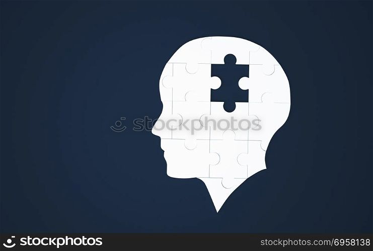 White jigsaw puzzle as a human brain on blue. Concept for Alzhei. White jigsaw puzzle as a human brain on blue. Concept for Alzheimer&rsquo;s disease. 3d illustration. White jigsaw puzzle as a human brain on blue. Concept for Alzheimer&rsquo;s disease. 3d illustration