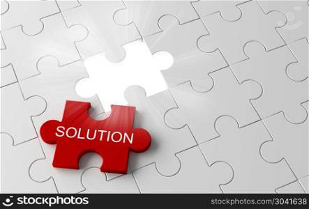 White jigsaw puzzle piece with a glowing hole with solution word. White jigsaw puzzle piece with a glowing hole with solution word in business concept, 3d illustration. White jigsaw puzzle piece with a glowing hole with solution word in business concept, 3d illustration