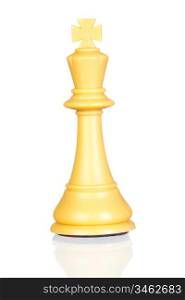 White king chess piece isolated on white background with reflection on the floor