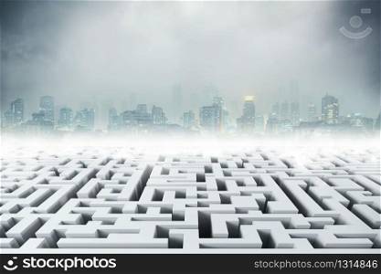 White labyrinth with a city in the background