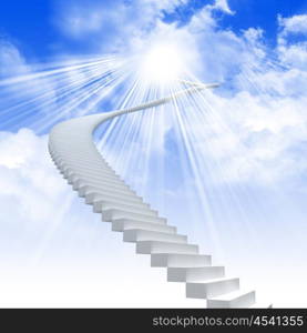 White ladder extending to a bright sky against a background of green grass. Symbol of the road to heaven