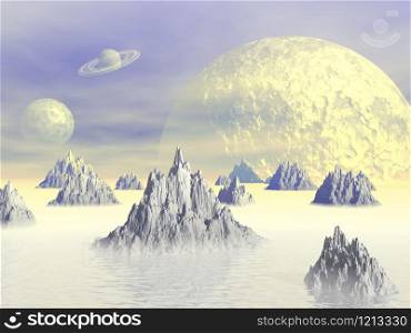White landscape with rocky mountains, fog and planets