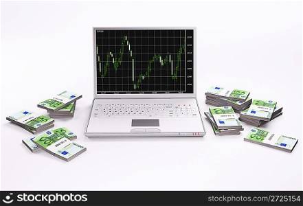 White laptop with forex chart and stacks of euros 3d
