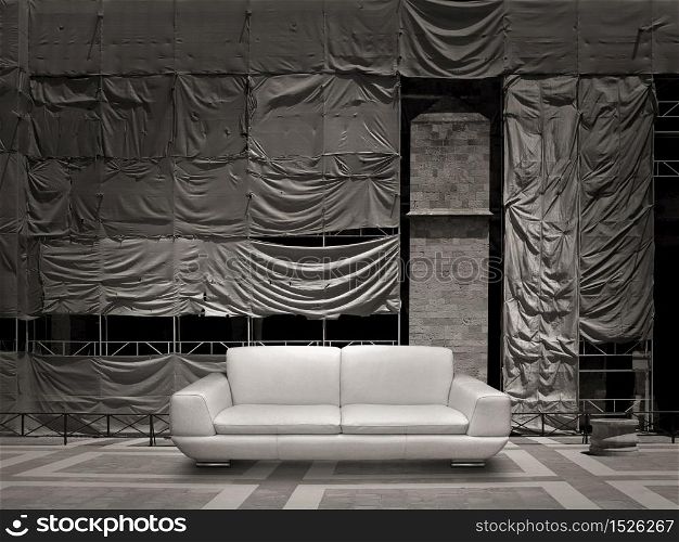 White leather sofa, construction site scaffold tarpaulin canvas background. White leather sofa canvas background