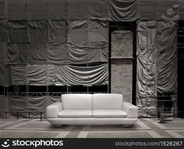 White leather sofa, construction site scaffold tarpaulin canvas background. White leather sofa canvas background
