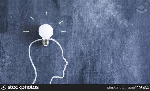 white light bulb head outline face chalkboard. Beautiful photo. white light bulb head outline face chalkboard