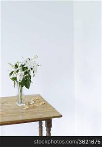 White lilies in vase on table, elevated view