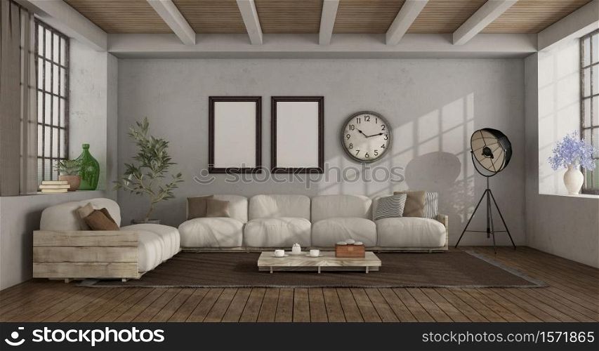 White living room in a loft with wooden sofa - 3d rendering. Living room in a loft with rustic sofa