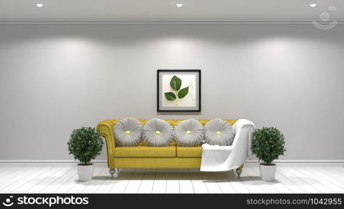 White living room interior design, Yellow fabric sofa ,lamp and plants and frame on empty white wall .3D rendering