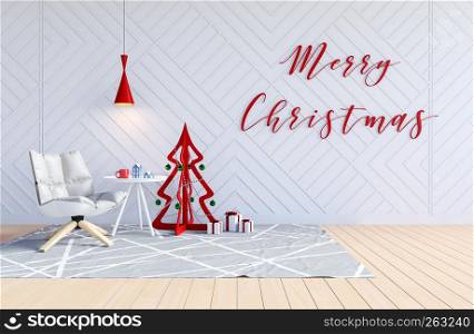 White living room interior with Christmas tree and Merry Christmas word on wall for Christmas holiday, 3D Rendering