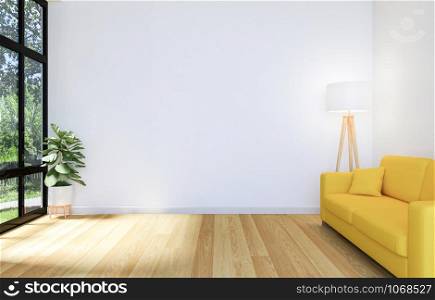 White Living Room Interior with Wooden Floor and Copy Space on Wall for Mock Up, 3D Rendering