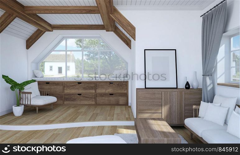 White living room interior with wooden furniture and split level floor, 3D Rendering