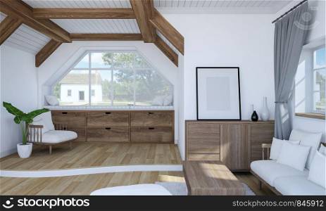 White living room interior with wooden furniture and split level floor, 3D Rendering