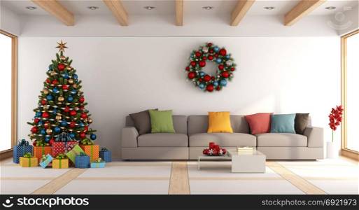 White living room with christmas tree. White living room with christmas tree and xmas decorations - 3d rendering