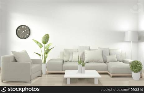 White living room with white sofa and decoration plants on floor wooden.3D rendering