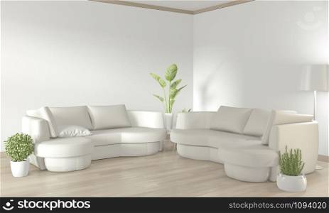 White living room with white sofa and decoration plants on floor wooden.3D rendering