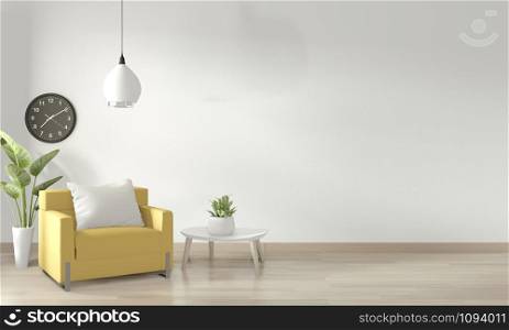 White living room with yellow arm chair and decoration plants on floor wooden.3D rendering