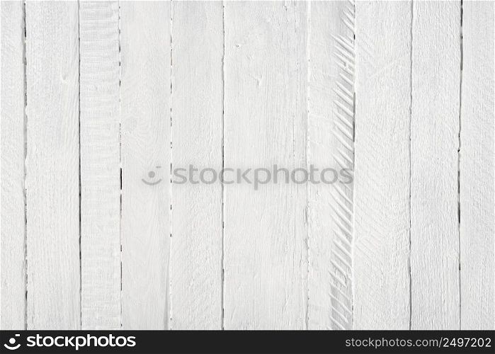 White long painted wooden planks table texture background flat lay top view