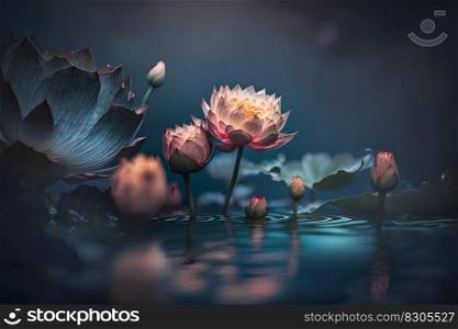 White lotus lilies in lake water. Natural beautiful flowers blossom in forest wildlife. Neural network AI generated art. White lotus lilies in lake water. Natural beautiful flowers blossom in forest wildlife. Neural network AI generated