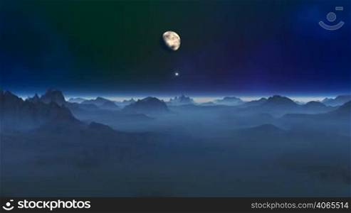 White luminous object (UFO, meteorite) quickly flies over the surface of the planet below the horizon. In the night sky bright stars, the distant nebula and a big moon. At the bottom of low mountains and hills covered with blue mist. Over the horizon a white haze. The camera flies toward the moon and brings the image.