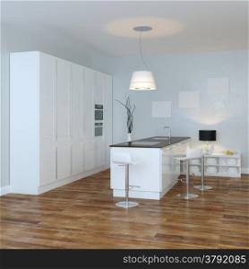 White Luxury Hi-Tech Kitchen With Bar (Perspective View)