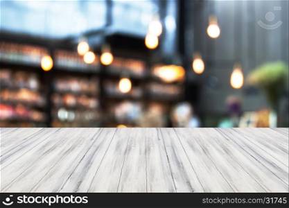White luxury top wooden with blurred cafe background. product display template