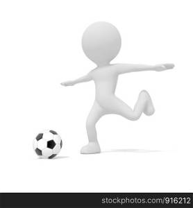 White man kicking soccer ball or football in competition match game. 3D illustration. People Model rendering graphic. isolated white background. Football league and World cup concept. Cartoon theme