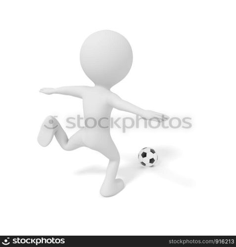 White man kicking soccer ball or football in competition match game. 3D illustration. People Model rendering graphic. isolated white background. Football league and World cup concept. Cartoon theme