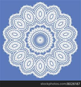 White Mandala Isolated. White Mandala Isolated on Blue Background. Round Ornament