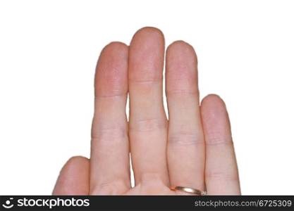 White mans hand with a long fingers on the white background isolated